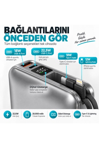 Xcharge 20000 Mah 22.5w Hızlı Şarj Powerbank Kendinden Kablolu Type-c Lightning Gümüş