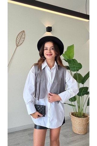 Modadua Püskül Detaylı Modern Yelek Güçlü Ve Özgür Stil-gri Çok Renkli
