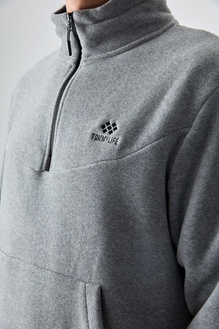 Tommy Life Gri Melanj Yarım Fermuar Dik Yaka Lastik Paça Polar Erkek Eşofman Takımı - 85159 GRİ MELANJ