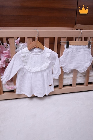 Babyhola Kız Bebek Çocuk Yazlık Elbise Müslin Önlüklü Şortlu Takım 22410 Beyaz