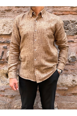 Slim Fit Uzun Kol Müslin Dijital Baskılı Hediye Kutulu Erkek Gömlek Fs-004599 - Kahverengi-3363