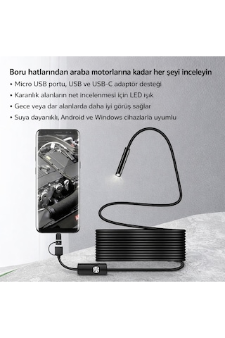 5 Metre Endoskop Kamera Su Geçirmez Led Işıklı Boroskop Yılan Kamera Android Uyumlu Micro+usb+type-c