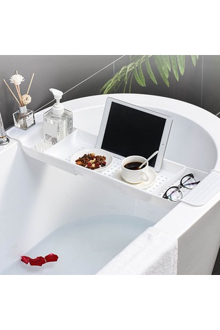 Hfambition Plastik Daraltılabilir Banyo Tepsisi - Su Akışlı Tasarım, Sağlam Konumlandırma, Çeşitli Ürünleri Tutabilir Beyaz