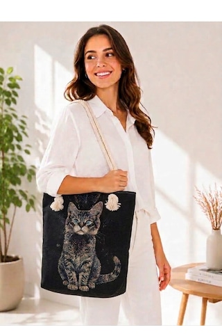 Genel Markalar Goblen Kadın Omuz Çantası+ Kedi Desen3 Krem.karışık Renkli Desenli