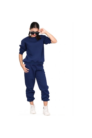 Erdem Kıds Unisex Kız-erkek Çocuk Paçası Lastikli 3 İplik Şardonlu Pamuklu Basic Bisiklet Yaka Okul Eşofman Takımı Lacivert Lacivert