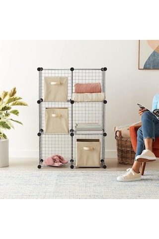 Dekoratif Tel Kafes Tasarımlı 6 Bölmeli Raf - Çok Amaçlı Tel Dolap Siyah