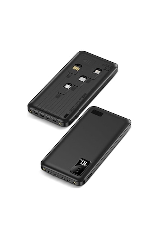 10000mah Powerbank Kendinden Kablolu Led Işıklı Taşınabilir Şarj Aleti Telefon Standlı Siyah