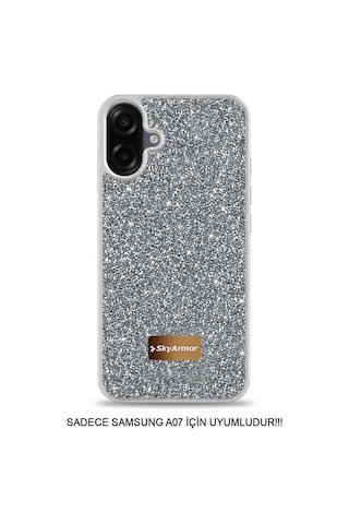 Samsung A07 Uyumlu Kadife İç Yüzey Tasarımlı Taşlı Işıltılı Parlak Pırlanta Kılıf Dia Plus Gümüş