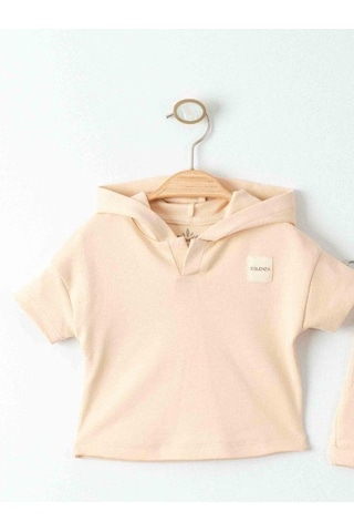 Zekids Bebek Organik Pamuklu Basic Kapüşonlu Tshirt Şortlu Takım-15908 Bej