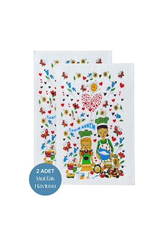 2li Paket Baskılı Beyaz Mutfak Havlusu Modeli Canım Annem