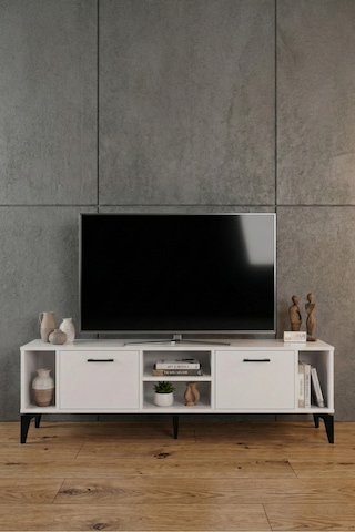 Tv Sehpası 160 Cm Modern Çok Amaçlı Dolaplı Raflı Televizyon Ünitesi Linya Beyaz