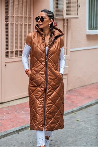 Veraura Lifestyle Kahverengi Kapüşonlu Cepli Baklava Desen Uzun Şişme Yelek
