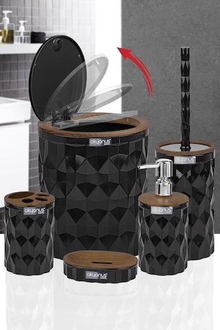 Okyanus Home Diamond Siyah Ahşap Click Kapak Banyo Seti 5'li Siyah