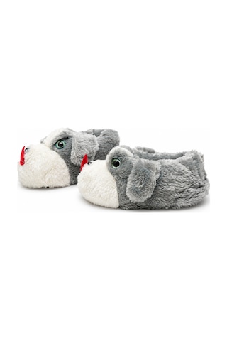 Modafocus Sevimli Köpek Figürlü Sessiz Kaydırmaz Taban Peluş Unisex Ev Pandufu Sevgili Kombin Terliği Gri Gri