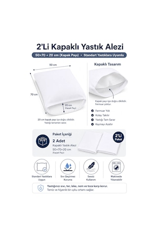 2 Li Sıvı Geçirmez Yastık Alezi Pamuklu Kapaklı 50x70+20 Cm Beyaz