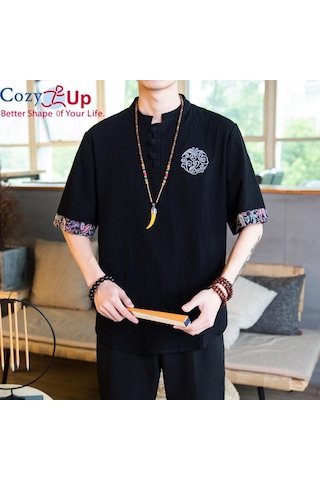 Rahat Up Çin Tarzı 1/2 Kollu Casual Gömlek Erkek İnce Stand Yaka Nakış Pamuk Ve Keten Siyah