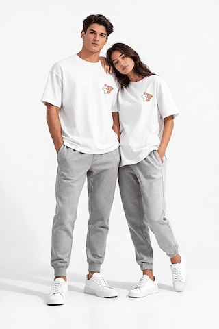 Sevgili Kombini Ayıcık Baskılı Çift Tişört Oversize Unisex Partne Beyaz