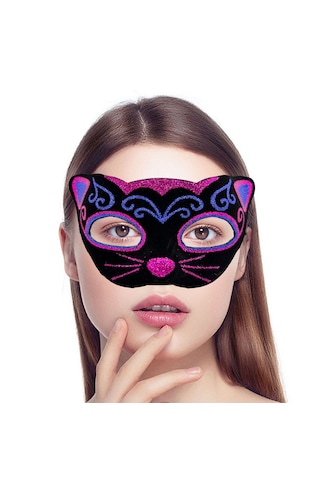Siyah Kadife Kaplama Üzeri Pembe Mavi Sim İşlemeli Kedi Maskesi 20x13