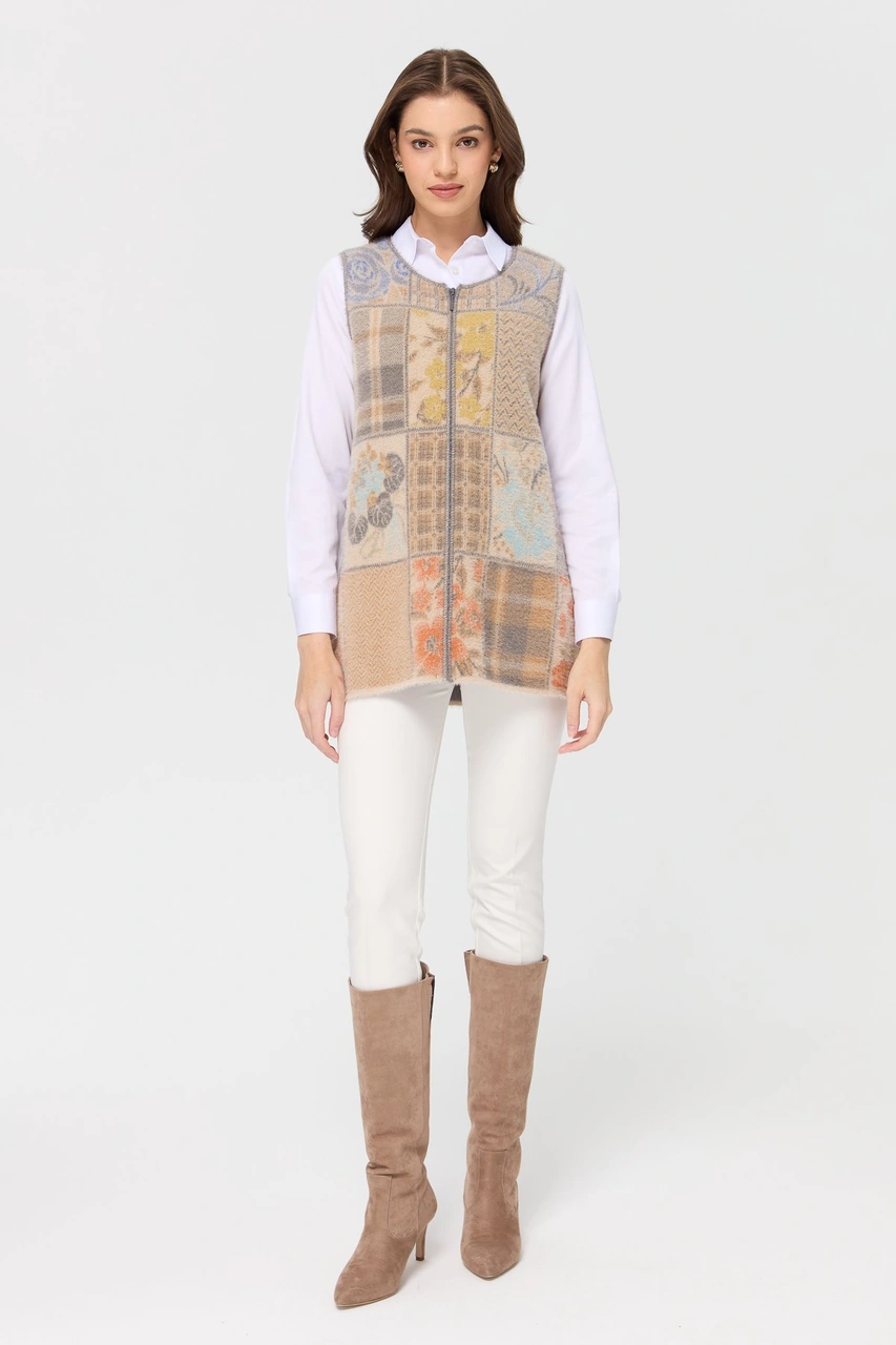 Desen Triko Kadın Sıfır Yaka Patchwork Yelek Bej Bej