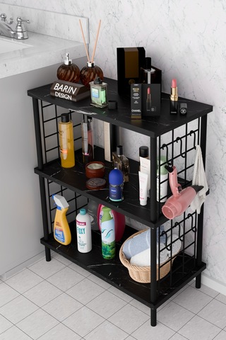3raflı Telli Çevir Kur Çok Amaçlı Banyo Rafı Dolabı Metal Gövdeli Organizer Düzenleyici Saklama Rafı Siyah