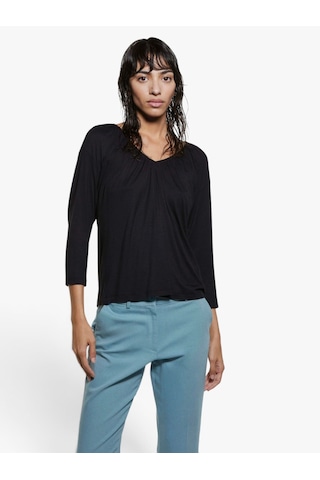 Sisley Viskoz Karışımlı Büzgülü V Yaka Boxy Fit Uzun Kollu T-shirt Kadın Siyah T-shirt - 325a3z12l4014
