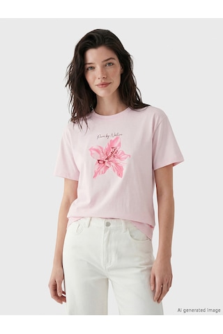 Lcw Comfort Pembe Çiçek Baskılı %100 Pamuklu Kadın Tişört