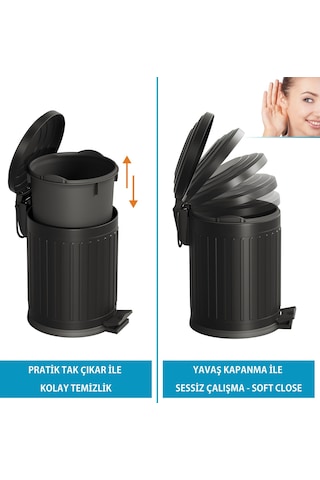 Aqua Bagno Midas Çöp Kovası -pedallı 5 Lt. , Mat Siyah Siyah