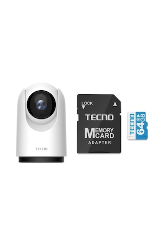 Tecno Th300 3mp 2k Ultra Hd 360 Kablosuz Wifi Güvenlik Kamerası + Tecno 64gb 100mb/s Micro Sd Hafıza Kartı Ve Adaptörü
