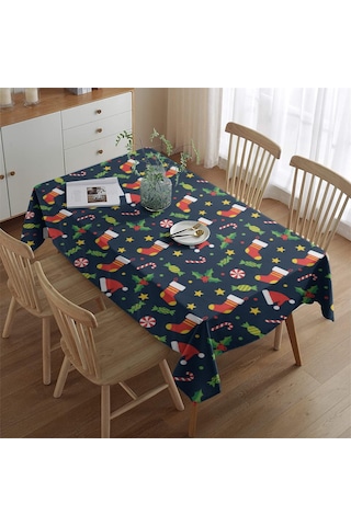 Noel Desenli Dikdörtgen Masa Örtüsü 60x84 İnç, Su Geçirmez Ve Leke Tutmaz Noel Çorap Şeker