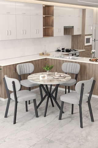 Gnr 90cm Sabit Efes Mutfak Masası Takımı, Yemek Masası, 4 Modern Gri Sandalye Gri