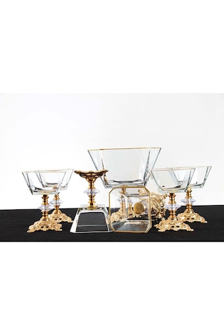 Plt Design 7 Parça Metal Ayaklı Gold Detaylı Cam Büyük Boy Salata - Magnolia Dondurmalık