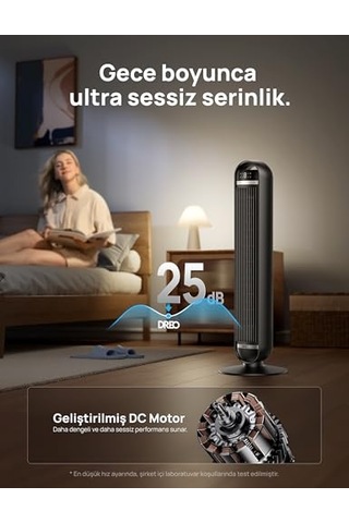 36 İnç Kule Tipi Fan, Ev Ve Yatak Odası Kullanımı, 8,5 M/s Güçlü Hava Akışı, 8 Hız Kademesi, 4 Çalışma Modu, 25 Db Sessiz Kanatsız Tasarım, 90 Salınım, 8 Saat Zamanlayıcı, Led Ekran