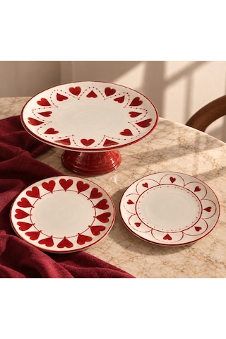 3 Parça El Boyaması Seramik Pasta Seti Pasta Standı Ve 2 Pasta Tabağı Kırmızı