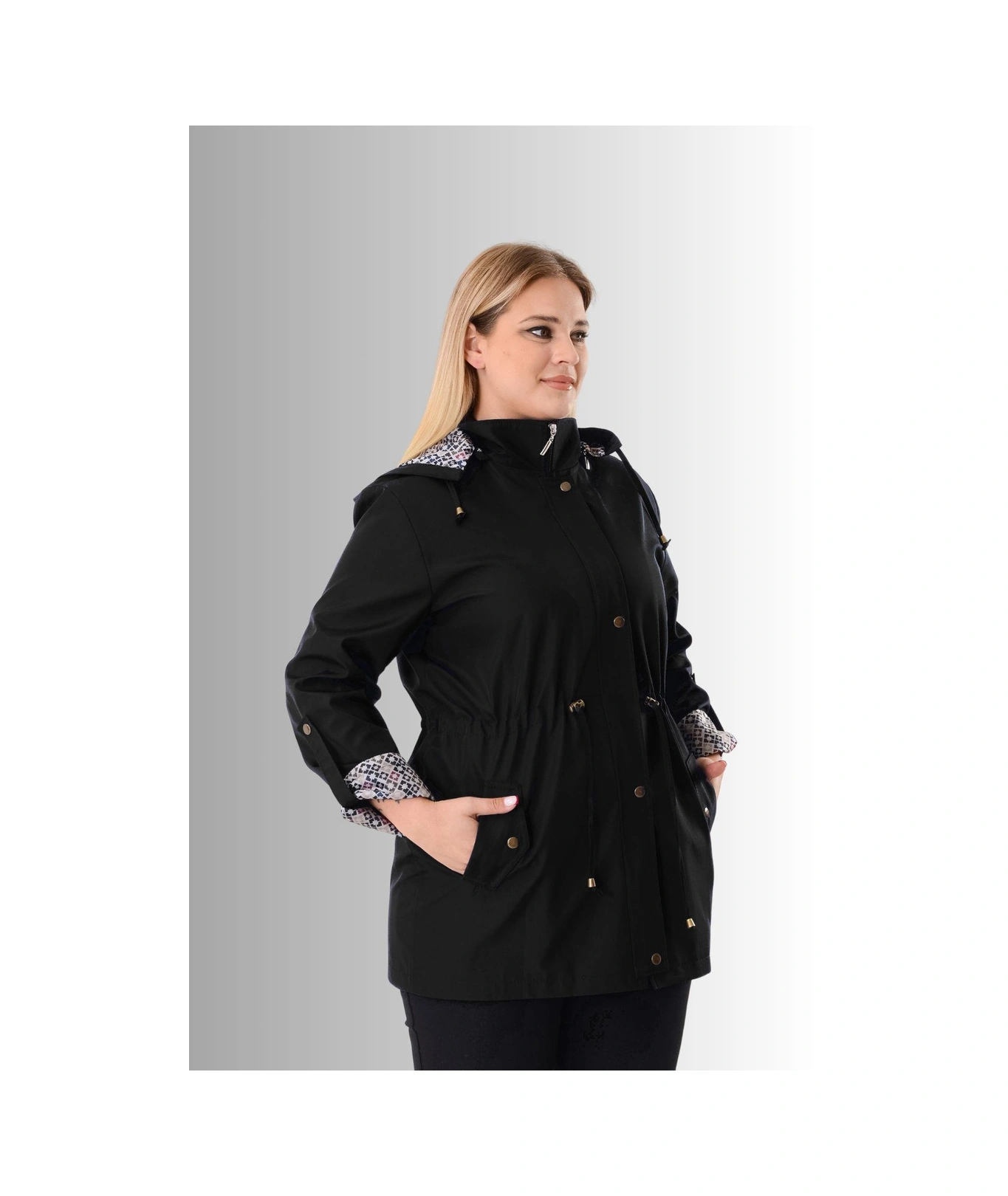 Büyük Beden Kapüşonlu Siyah Renkli Bonding Ceket Siyah