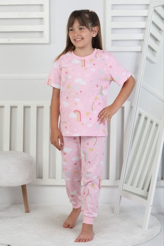 %100 Pamuk Gökkuşağı Desenli Kısa Kollu Manşetli Paça Kız Çocuk Pijama Takımı 3-8 Yaş Pembe