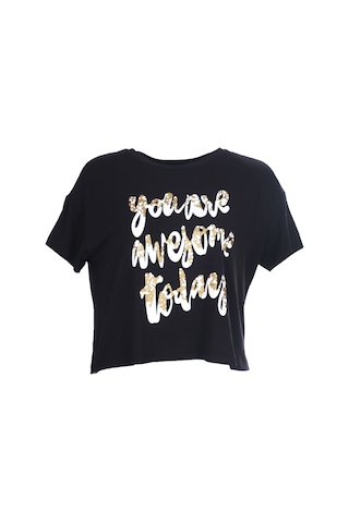 Ysatis Oversize Crop Bluz: Kısa Kol Yuvarlak Yaka Günlük Kadın Siyah