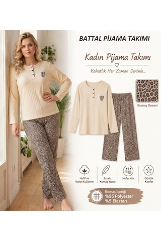 Boyraz Lindros Kadın Düğme Yaka Raporlu İnterlok Kışlık Battal Pijama Takımı 02710 - 1 Adet Ekru