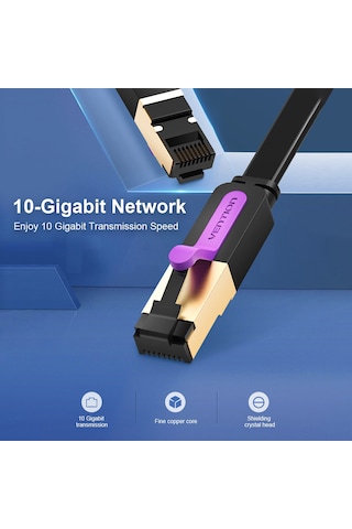 Maiyame Ventıon Cat7 Ethernet Kablosu - 1m Siyah Düz Kablo, Ekranlı Altın Kaplı, 10gbps Hızlı Veri Transferi, Bilgisayar Ağ Bağlantısı