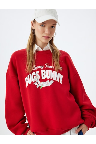Koton Bugs Bunny Oversize Sweatshirt Arkası Baskılı Şardonlu Lisanslı Kırmızı 5wal10608ık Kırmızı