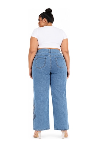 Zanessi Büyük Beden Denim Taşlı Yüksek Bel Bol Paça Kadın Pantolon Mavi