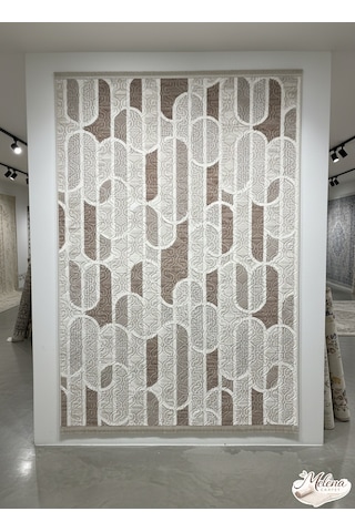 Konak Halı Modern Salon Halısı Geometrik Desenli Kahve Krem Emboss Kaymaz Taban Saçaklı kahve