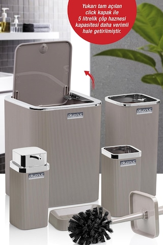 Okyanus Home Stella Vizon Kromlu Çizgili Kare 5'li Banyo Seti Vizon