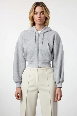 Benerly Kadın Kapüşonlu Düşük Kol Fermuarlı Örme Sweatshirt Fonksiyonel D Gri Melanj