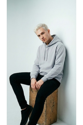 Hoxie Unisex Rahat Kesim Pamuklu Yumuşak Dokulu İçi Polarlı Basic Desenli Kapüşonlu Sweatshirt Açık Gri