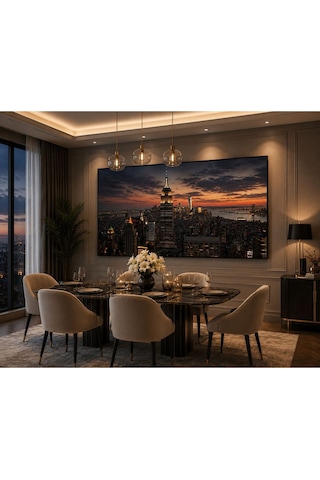 New York Gün Batımı Şehir Manzaralı Kanvas Tablo Premium Modern Duvar Dekoru Ofis, Yönetici Odası, Salon Ve Çalışma Alanları İçin Lüks Dekoratif Tablo