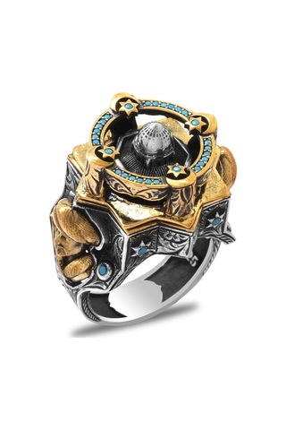 Mescid-i Aksa Detaylı Kenarları Fatih Sultan Mehmet Siluet İşlemeli Koleksiyonluk 925 Ayar Gümüş Erkek Yüzük Gümüş - Sarı