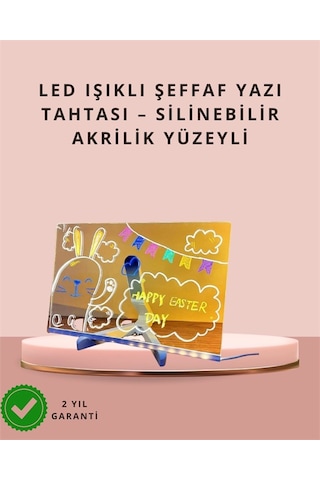 Mey İthalat Led Işıklı Şeffaf Yazı Tahtası Neon Etkili Akrilik Pano, Silinebilir, 7 Renkli Kalemli, 30x20 C