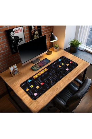 Pac-man Oyun Gaming Klavye Mouse Pad Kaymaz Taban Kenarları Dikişli Su Geçirmez Masa Matı 70x30 Cm