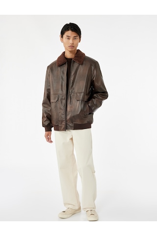 Koton Uzun Kollu Cep Detaylı Slim Fit Fermuarlı Peluş Yaka Kışlık Suni Deri Ceket Kahverengi 6wam20127hw Kahverengi
