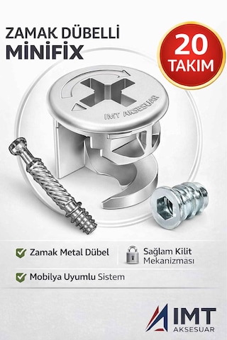 İmt Aksesuar Zamak Metal Dübelli Minifix Gövde Mil Ve Dübel Seti - Mobilya Ve Dolap Bağlantı Elemanı 20 Takım Metalik